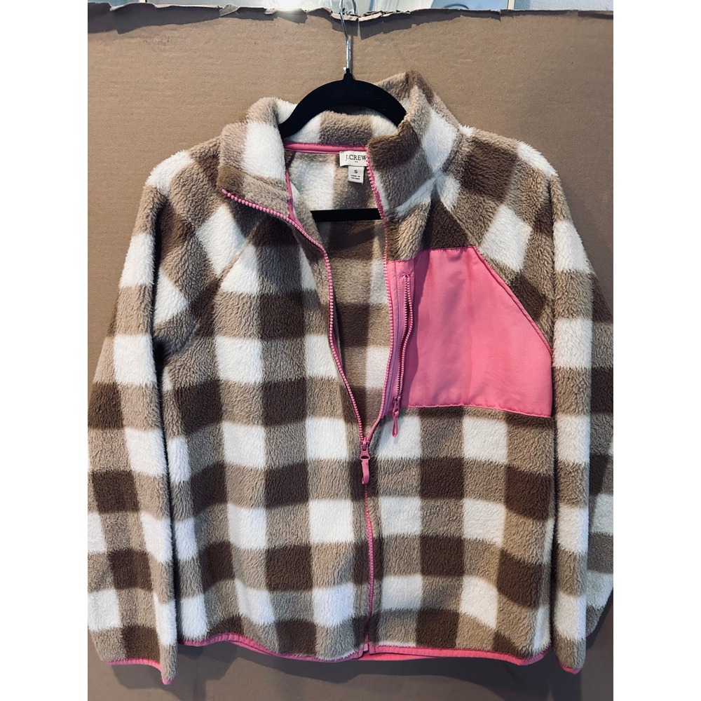 J.Crew Sherpa Fleece Jacket Womens Small Brown Pink Plaid Full Zip Mock Neck Exc